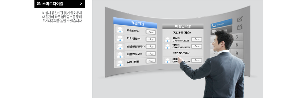 스마트다이얼, 비상시 유관기관 및 자위소방대 대원간의 빠른 임무공조를 통해 초기대응력을 높일 수 있습니다.